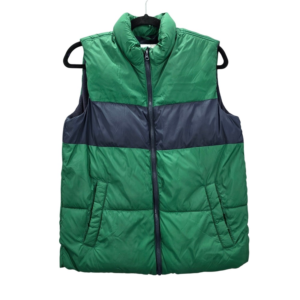 Old Navy Green Blue Stripe Zip Sleeveless Puffer Fleece Boys Vest XL 14/16